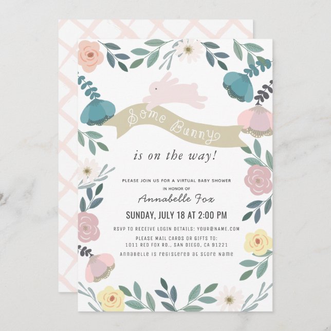 Some Bunny Floral Garden Girl Virtual Baby Shower Invitation (Front/Back)