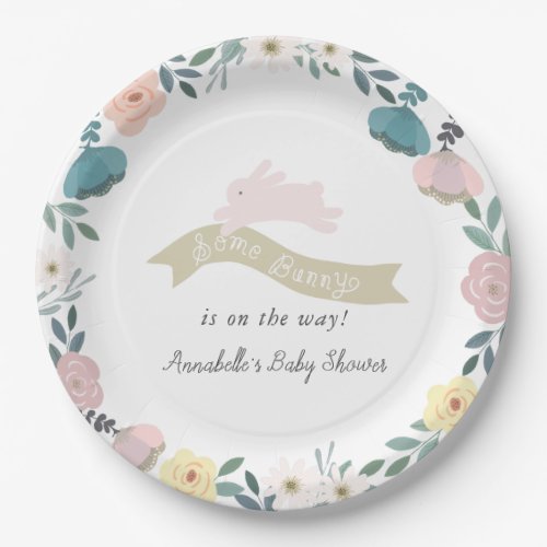 Some Bunny Floral Garden Girl White Baby Shower Paper Plates