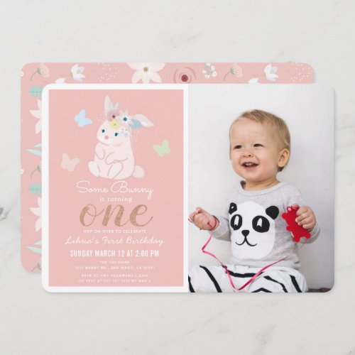 Some Bunny Floral Pink Girl 1st Photo Birthday Invitation