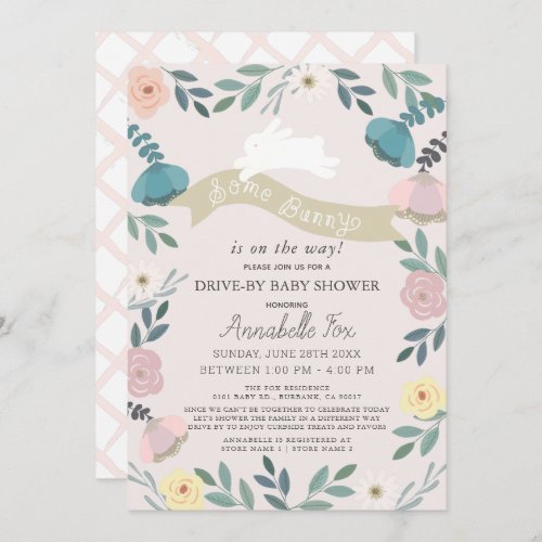 Some Bunny Floral Pink Girl Drive_by Baby Shower Invitation