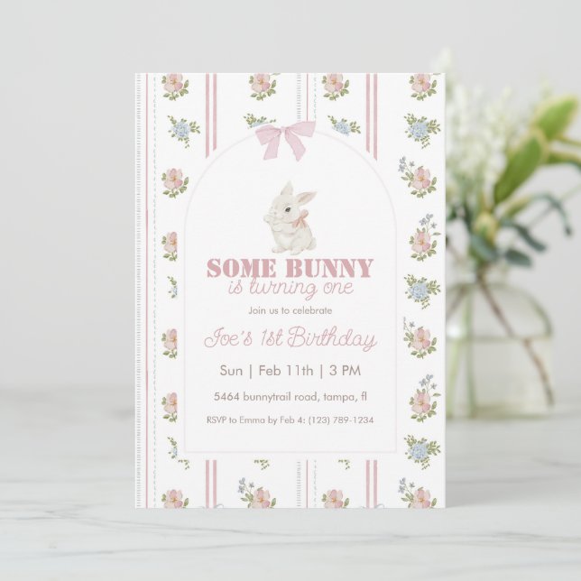 Some Bunny Floral Stripe 1st Birthday Invitation (Standing Front)