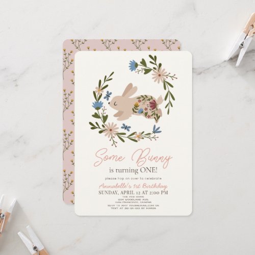 Some Bunny Floral Wreath 1st Birthday Invitation