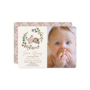 Some Bunny Floral Wreath 1st Birthday Photo Invitation