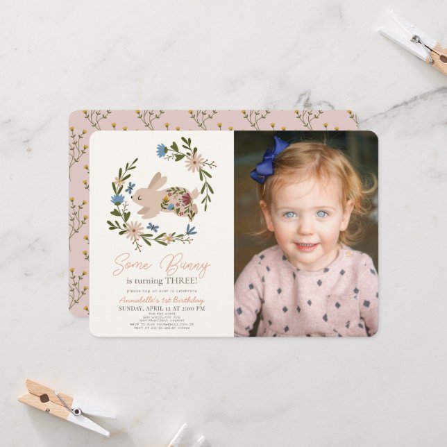 Some Bunny Floral Wreath Birthday Photo Invitation (Front/Back In Situ)