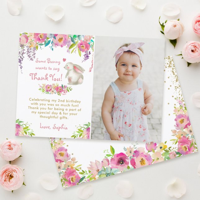 Some Bunny Flowers Birthday Photo Thank You Card (Creator Uploaded)