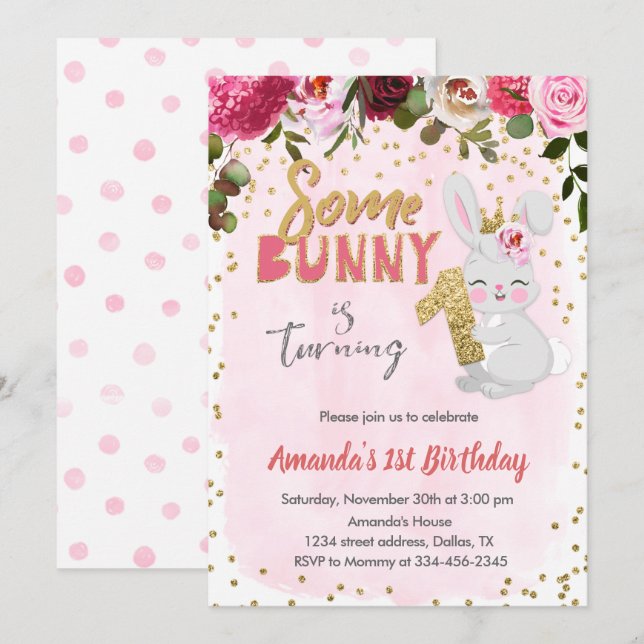Some Bunny Girl 1st Birthday Invitation With Photo (Front/Back)