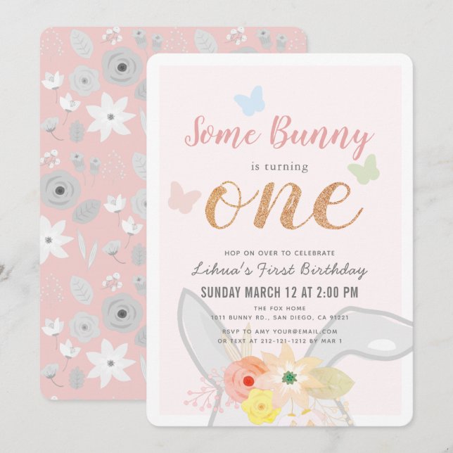 Some Bunny Girl Pink Gray Floral 1st Birthday Invitation (Front/Back)