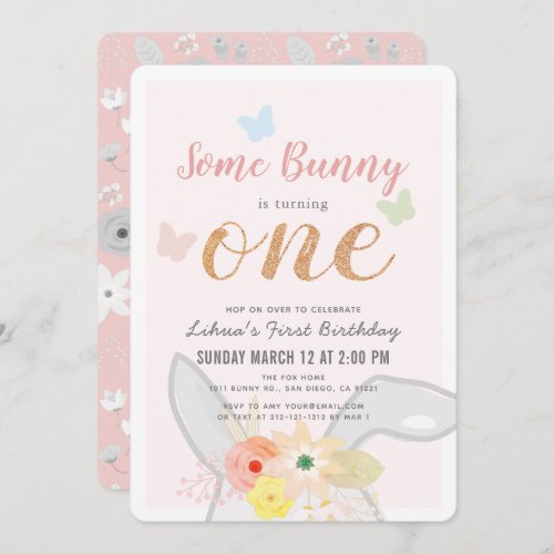 Some Bunny Girl Pink Gray Floral 1st Birthday Invitation
