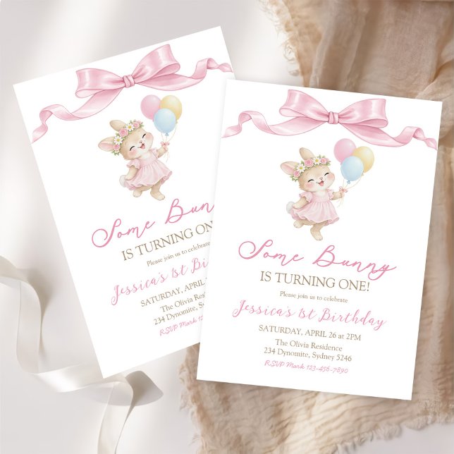 Some Bunny Girl Pink is Turning One Birthday Invitation (Creator Uploaded)