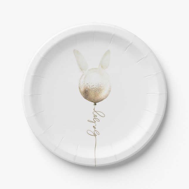 Some Bunny Gold Glitter Balloon Cute Baby Shower Paper Plates (Front)