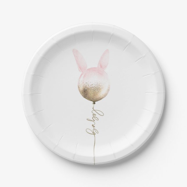 Some Bunny Gold Glitter Balloon Pink Baby Shower Paper Plates (Front)