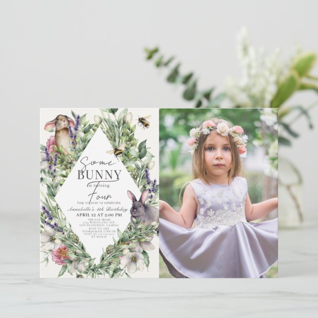 Some Bunny Greenery Rhombus Kids Birthday Photo Invitation (Standing Front)