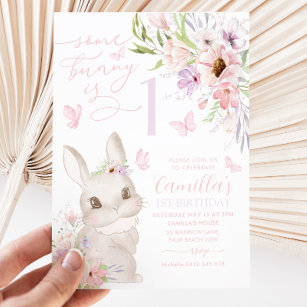 Some Bunny Is 1 Girl 1st Birthday Floral Butterfly Invitation