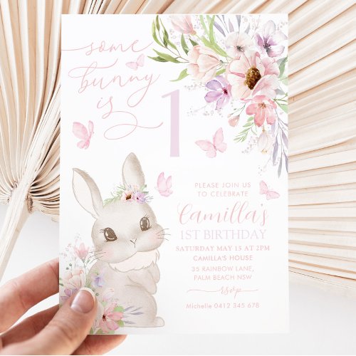 Some Bunny Is 1 Girl 1st Birthday Floral Butterfly Invitation