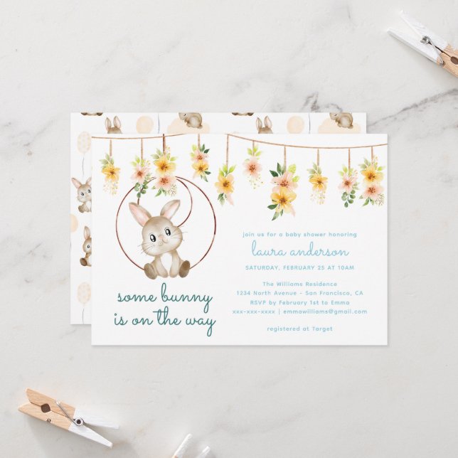 Some Bunny Is On The Way Boho Rabbit Baby Shower Invitation (Front/Back In Situ)