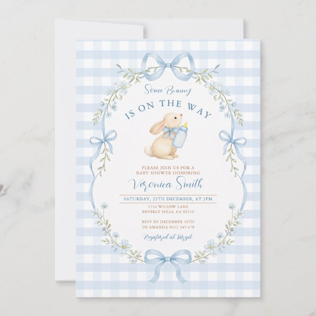 Some Bunny Is On the Way with Blue Bows Invitation (Front)