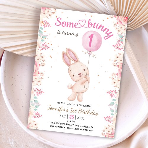 Some Bunny is ONE 1st Birthday Girl Pink Balloon  Invitation