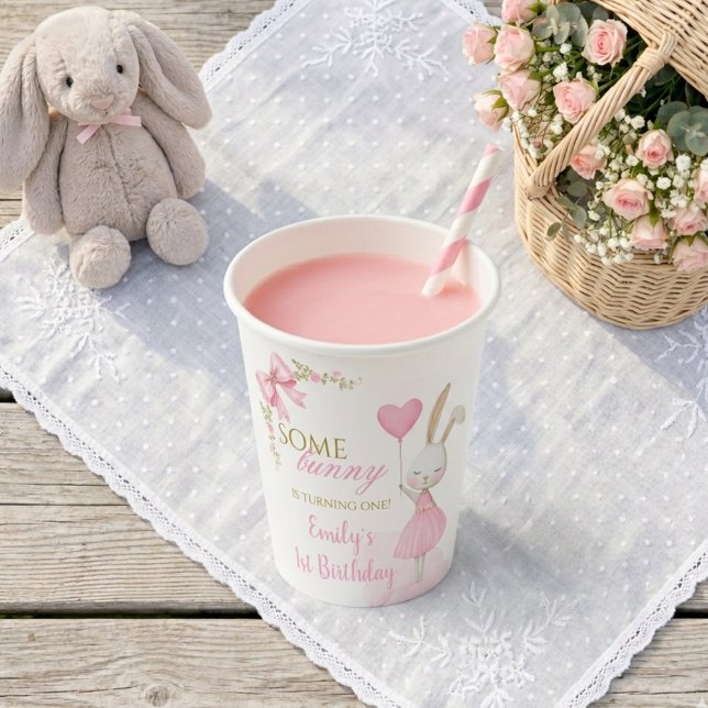 Some Bunny is One 1st Birthday Pink Bow Coquette  Paper Cups (Some Bunny is Turning One Disposable Paper Cups. Cute bunny floral 1st birthday party decor.)