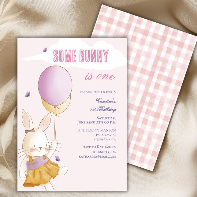 Some Bunny Is One Balloon Gingham 1st Birthday Invitation (Creator Uploaded)