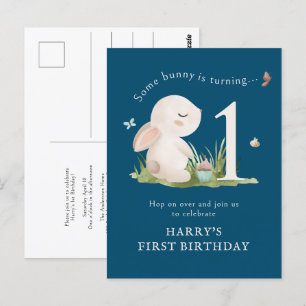 Some Bunny is One Blue 1st Birthday Invitation Postcard