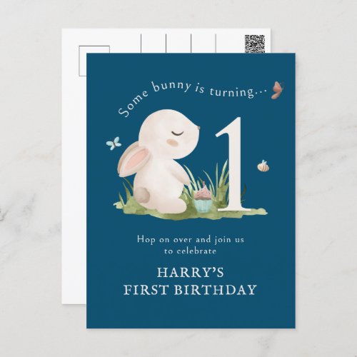 Some Bunny is One Blue 1st Birthday Invitation Postcard