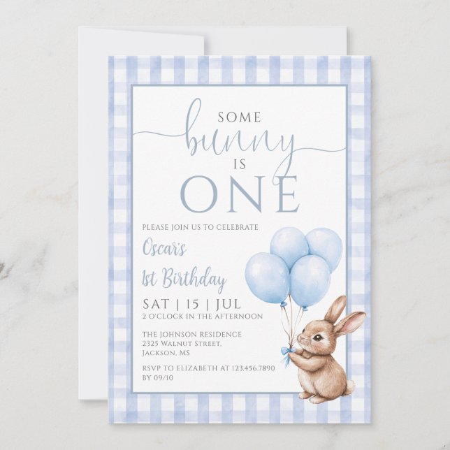 Some Bunny Is One Blue Balloons 1st Birthday Party Invitation (Front)
