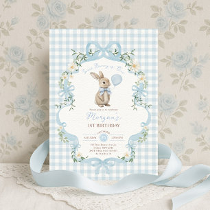 Some Bunny is One Blue Bow Gingham 1st Birthday Invitation