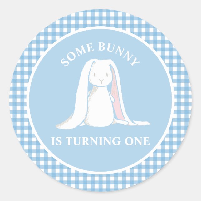 Some Bunny is One blue Gingham Birthday Classic Round Sticker (Front)