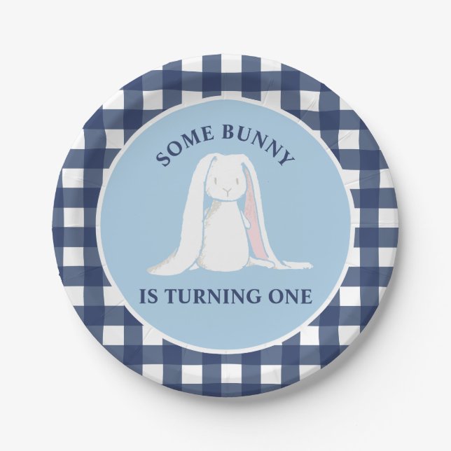 Some Bunny is One blue Gingham Birthday Paper Plates (Front)
