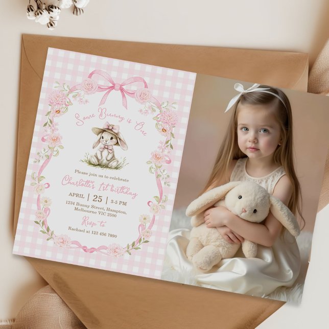 Some Bunny is One Bow Gingham 1st Birthday Photo Invitation (Creator Uploaded)