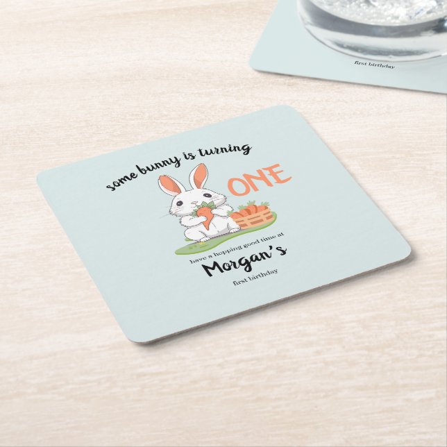 Some Bunny Is One Boys Girls 1st Birthday Square Paper Coaster (Angled)