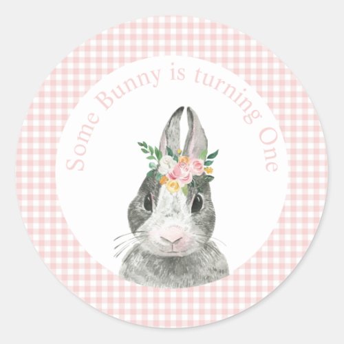 Some Bunny is One Bunny Pink Gingham Birthday Classic Round Sticker