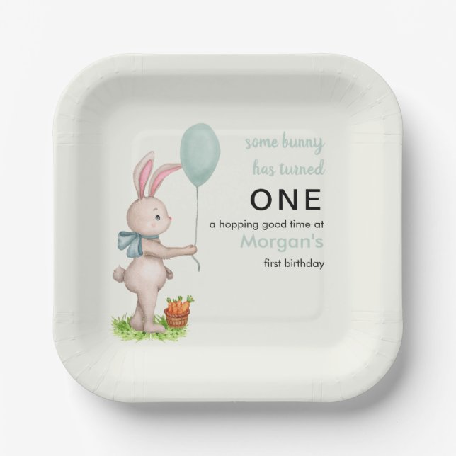 Some Bunny is One Cute Rabbit Balloon 1st Birthday Paper Plates (Front)
