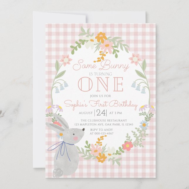 Some Bunny Is One Floral Bunny 1st Birthday Party Invitation (Front)