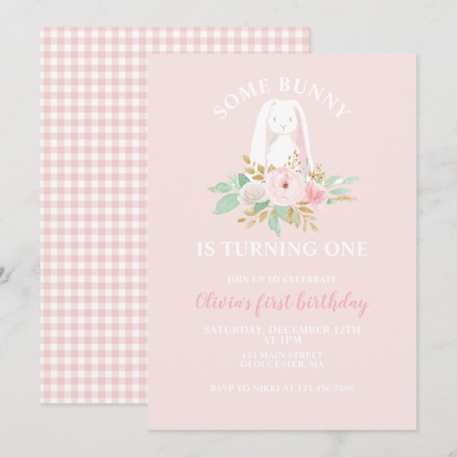 Some Bunny is One Floral First Birthday Invitation (Front/Back)