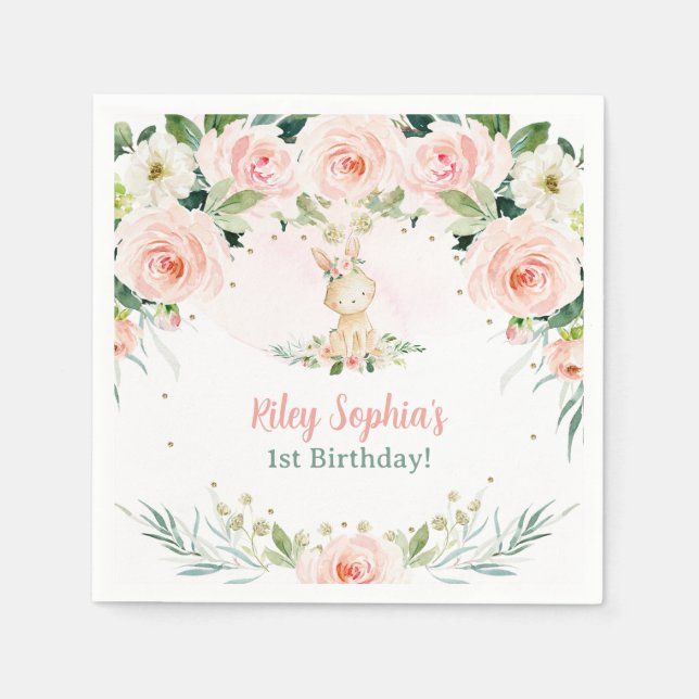 Some Bunny is One Floral Pink Roses Rabbit Party  Napkins (Front)