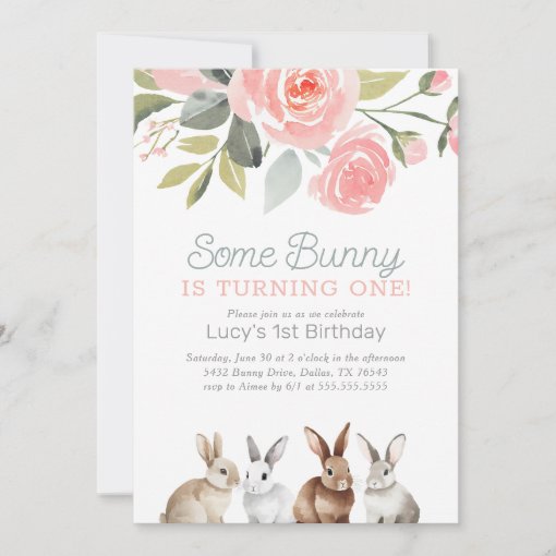 Some Bunny Is One Girl 1st Birthday Invitation 