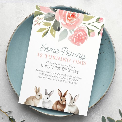 Some Bunny is One Girl 1st Birthday Invitation