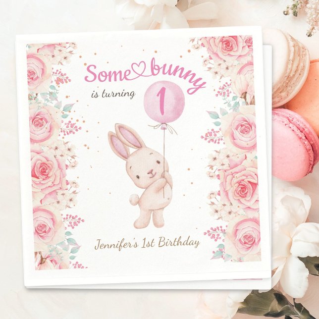 Some Bunny is ONE! Girl Pink 1st Birthday Napkins (Creator Uploaded)