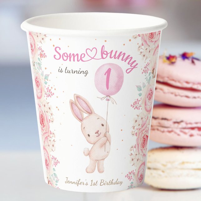 Some Bunny is ONE! Girl Pink 1st Birthday Paper Cups (Creator Uploaded)