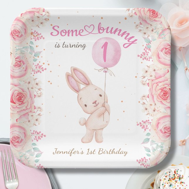 Some Bunny is ONE! Girl Pink 1st Birthday  Paper Plates (Creator Uploaded)