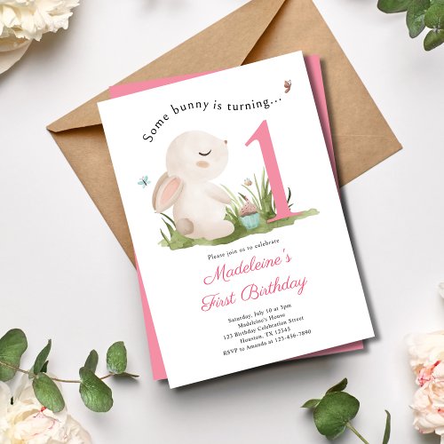 Some Bunny is One Girls Pink 1st Birthday  Invitation