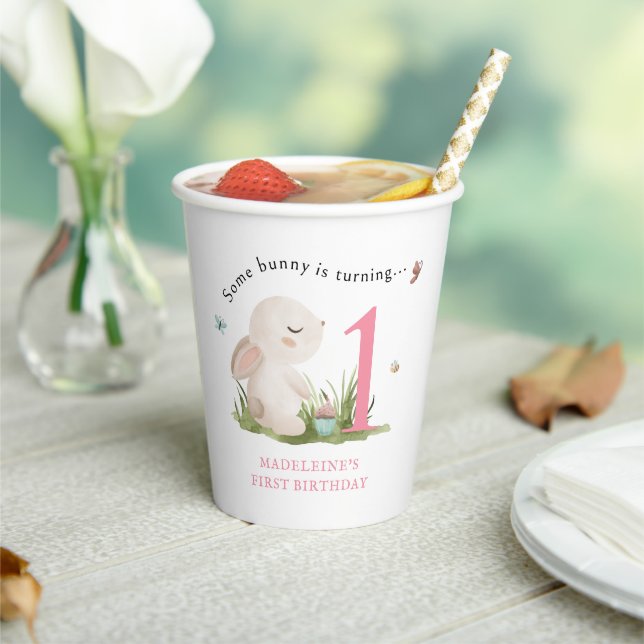 Some Bunny is One Girl's Pink 1st Birthday Paper Cups (Insitu)