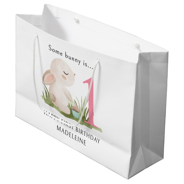 Some Bunny is One Personalized 1st Birthday  Large Gift Bag (Front Angled)