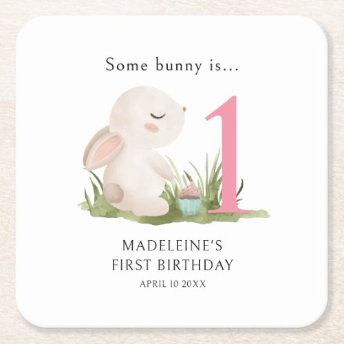 Some Bunny is One Pink 1st Birthday Celebration Square Paper Coaster