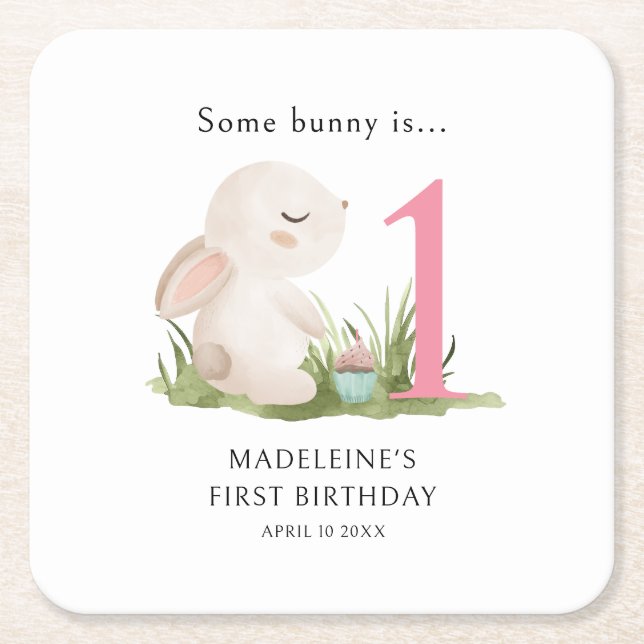 Some Bunny is One Pink 1st Birthday Celebration Square Paper Coaster (Front)
