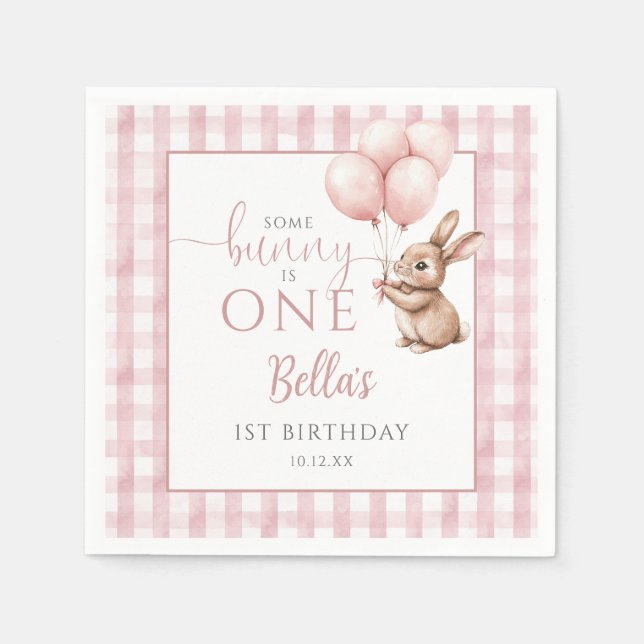 Some Bunny Is One Pink Balloons 1st Birthday Napkins (Front)