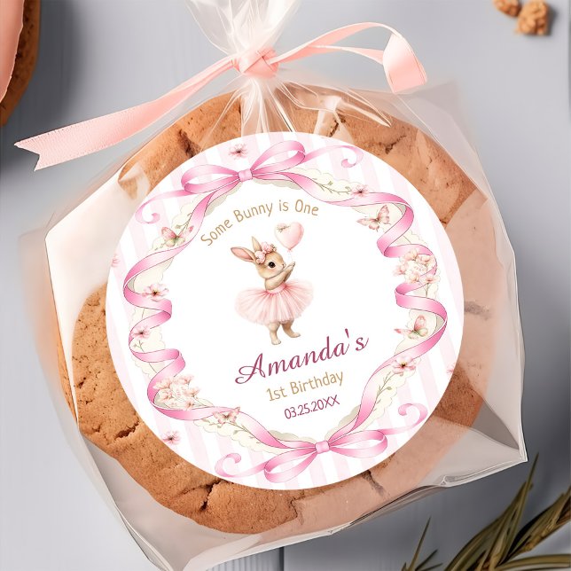 Some Bunny is One Pink Bow Gingham 1st Birthday Classic Round Sticker (Creator Uploaded)