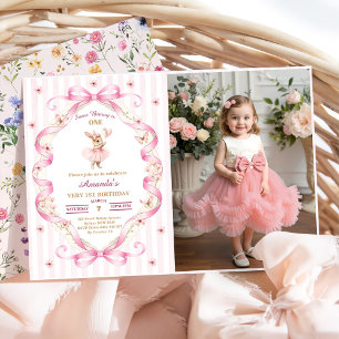 Some Bunny is One Pink Bow Gingham 1st Birthday Invitation