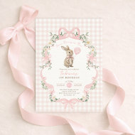 Some Bunny is One Pink Bow Gingham 1st Birthday Invitation